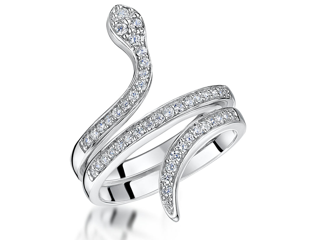 A sleek, silver, snake-inspired ring curves elegantly around the finger, shimmering with rows of sparkling cubic zirconias-JOOLS by Jenny Brown