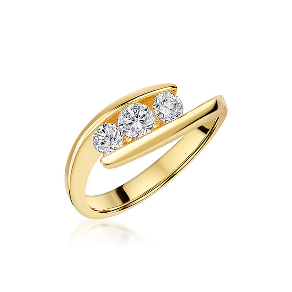 Gold ring featuring three sparkling diamonds set between two sleek, curved bands-JOOLS by Jenny Brown