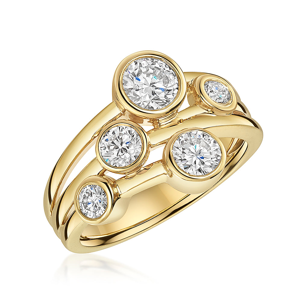 9ct Yellow Gold Bubble Ring Set With Five Round Bezel Set Lab Diamonds 