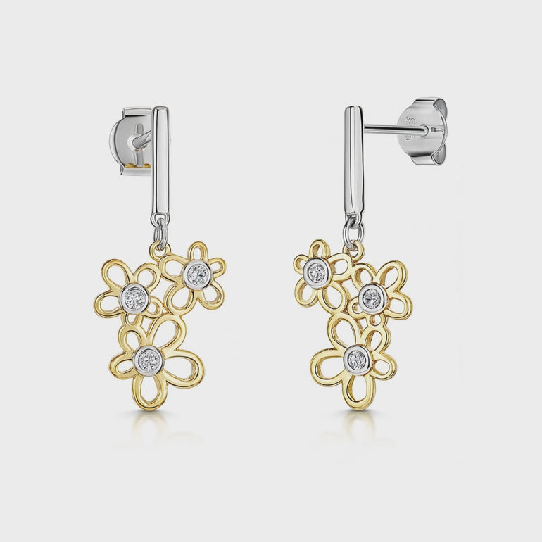 Gold Triple Flower Cubic Zirconia Drop Earrings-JOOLS by Jenny Brown