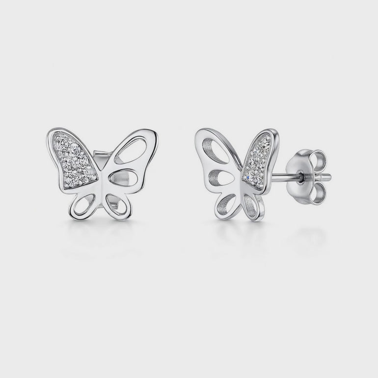 Sterling Silver Butterfly  Part Cubic Zirconia Stud Earrings - JOOLS By Jenny Brown