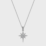 Load and play video in Gallery viewer, 925 Sterling Silver North Star pendant necklace with an eight-point starburst design and sparkling center stone on a silver chain.
