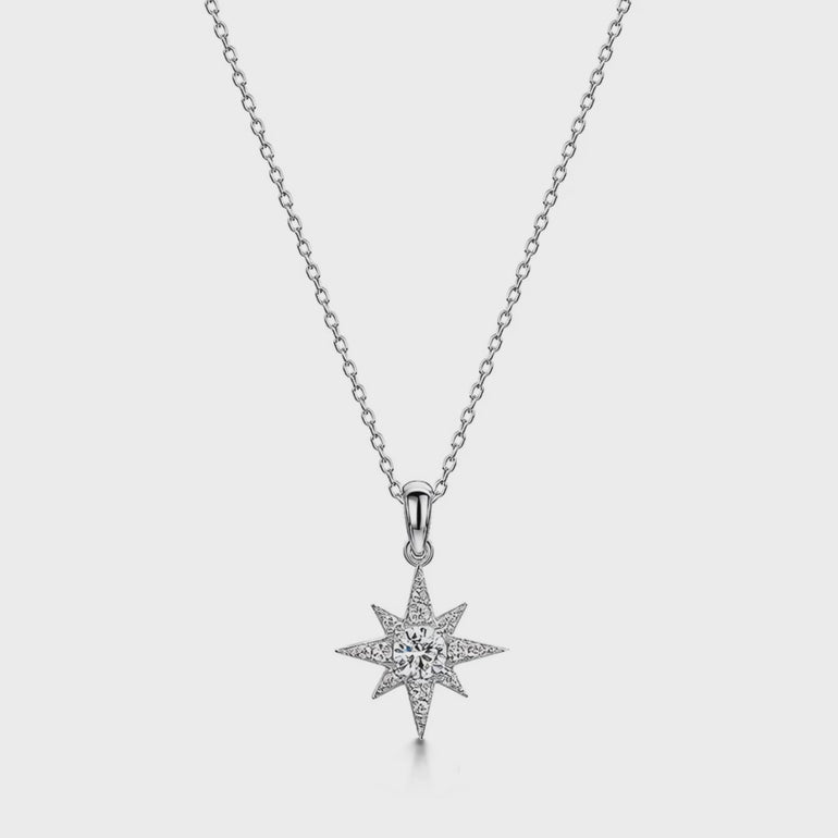 925 Sterling Silver North Star pendant necklace with an eight-point starburst design and sparkling center stone on a silver chain.