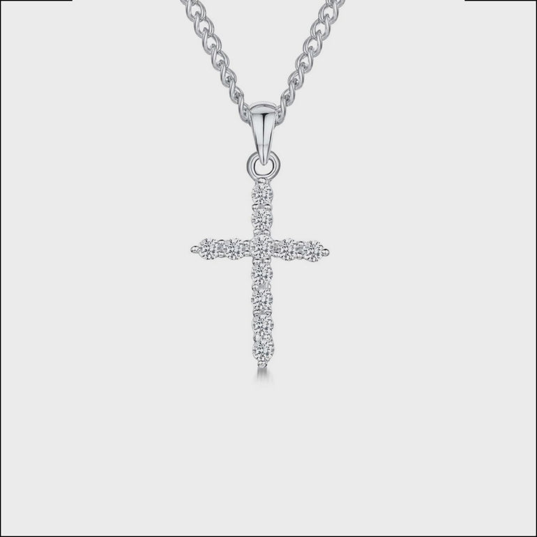 925 Sterling silver cross pendant necklace fully encrusted with white cubic zirconia stones.