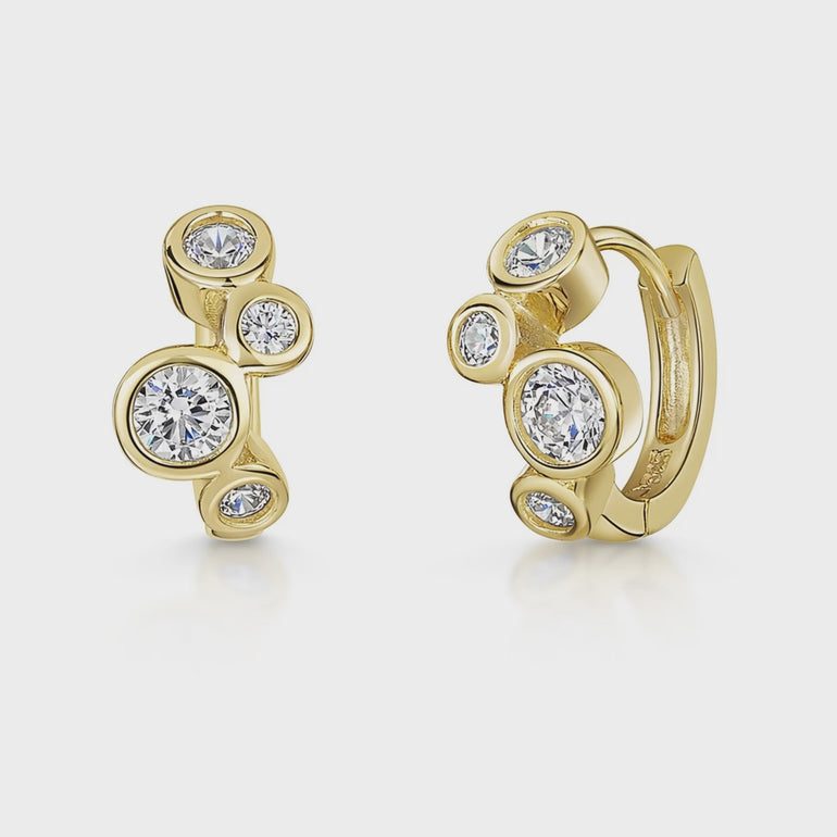 Yellow Gold Huggie Bubble Earrings Set With Zirconia Stones