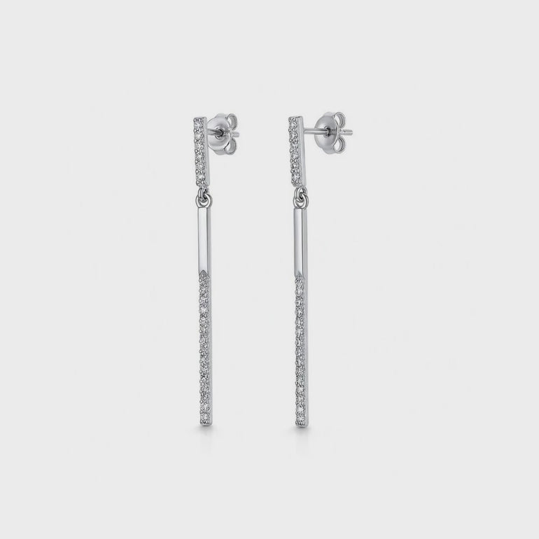 Sterling Silver Cubic Zirconia Set Thin Bar Drop Earrings-JOOLS by Jenny Brown