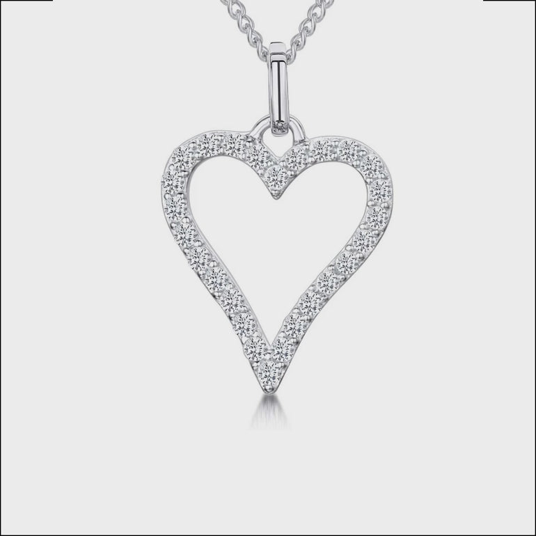 A sterling silver open pave heart pendant with a cubic zirconia surround on a chain.
