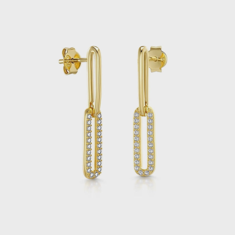 A pair of yellow gold paperlink drop earrings with cubic zirconia pave effect.
