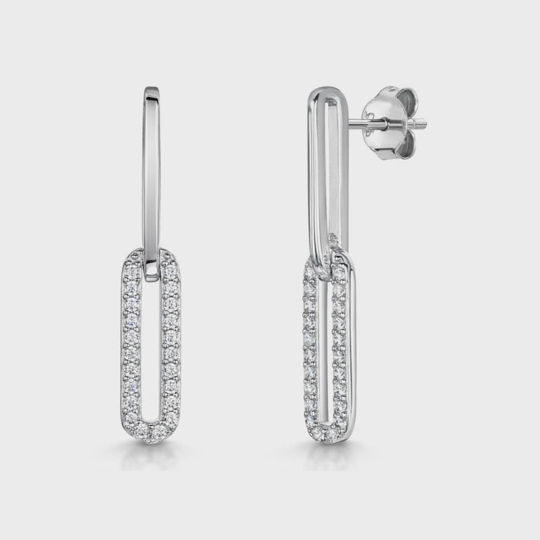 Sterling Silver Long Drop Link Earring With Cubic Zirconia-JOOLS by Jenny Brown