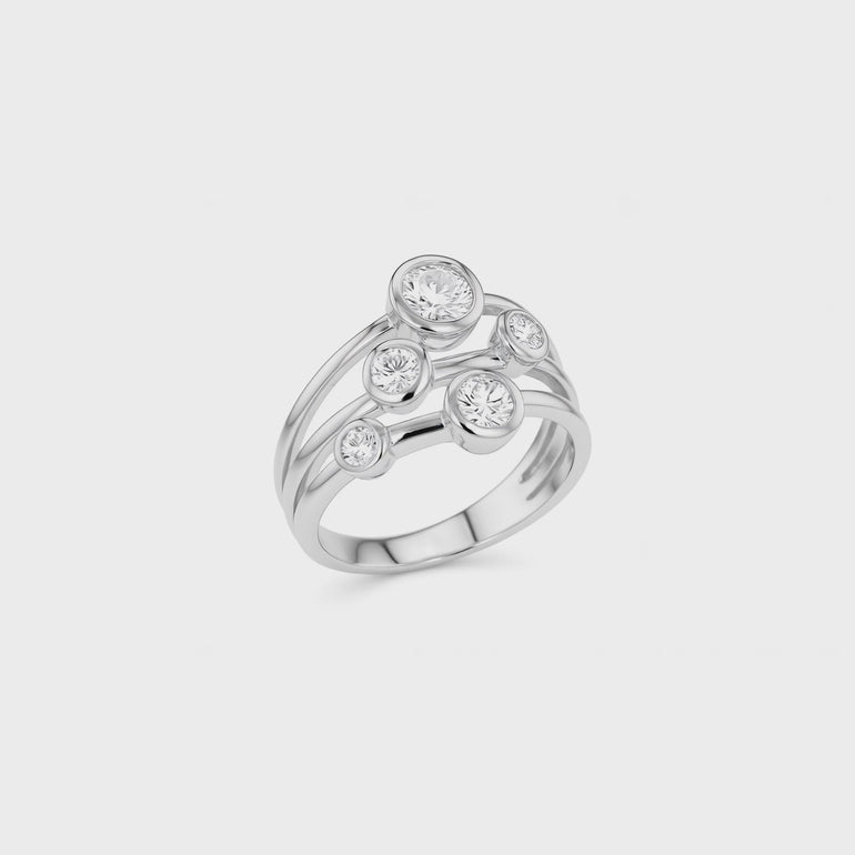 Solid 925 sterling silver statement cluster ring with round white cubic zirconia stones in bubble bezel settings.
