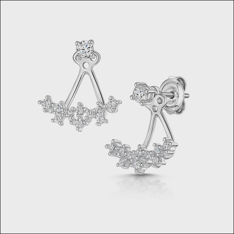 A pair of sterling silver jacket earrings with scattered cubic zirconia stones, designed to be worn under the lobe.-JOOLS by Jenny Brown