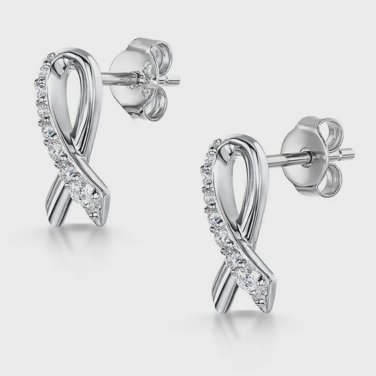 A pair of sterling silver ribbon stud earrings with cubic zirconia stones-JOOLS by Jenny Brown