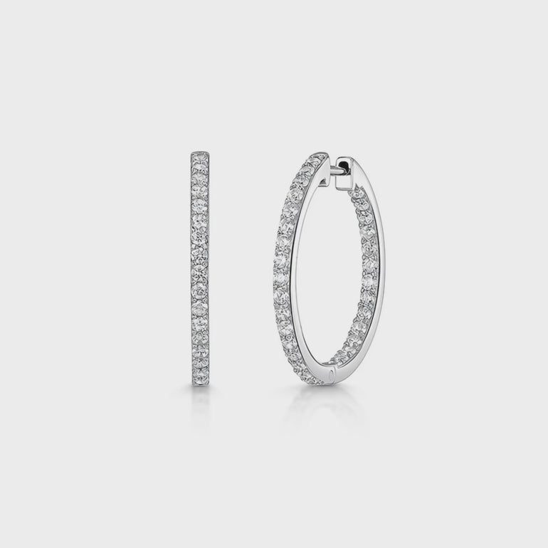Sterling Silver Medium Hoop Earrings Set With Cubic Zirconia's.