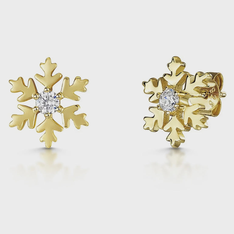 Yellow Gold Snowflake Stud Earrings Set With Cubic Zirconia-JOOLS by Jenny Brown