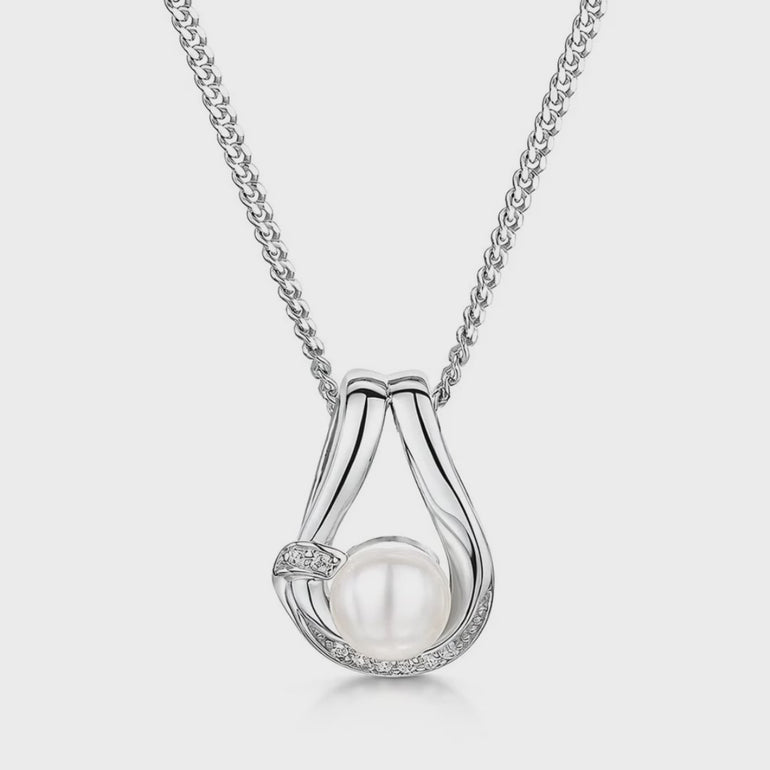 925 sterling silver teardrop pendant necklace featuring a round white freshwater pearl and sparkling pavé cubic zirconia accents.