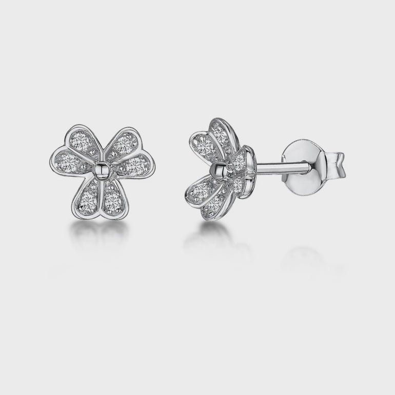 A pair of sterling silver double flower petal earrings adorned with white zirconia stones-JOOLS by Jenny Brown