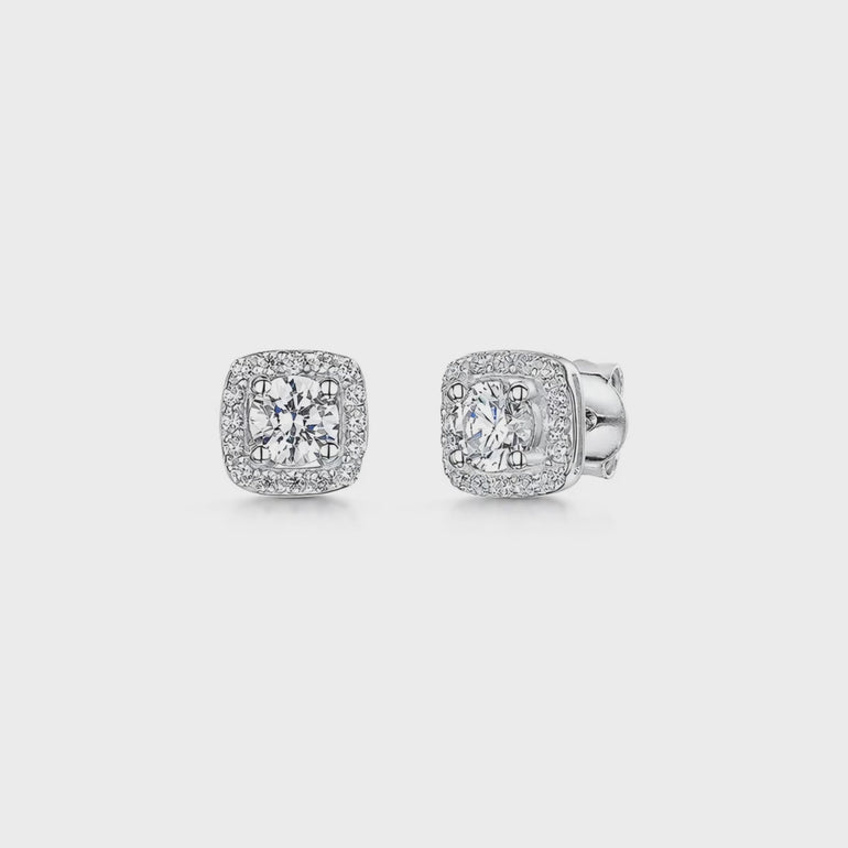 Sterling Silver Cushion Cut  Three Quarter Carat Halo  Earrings-JOOLS by Jenny Brown