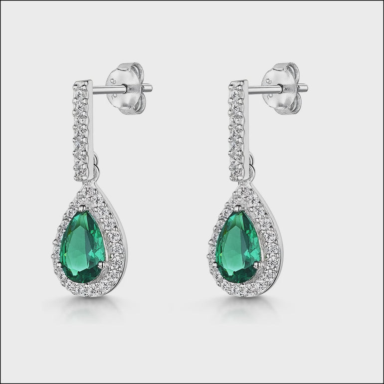 Sterling Silver Emerald Green Cubic Zirconia  Drop Halo  Earrings-JOOLS by Jenny Brown