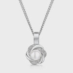 Load and play video in Gallery viewer, 925 sterling silver floral swirl pendant necklace featuring a central white freshwater pearl and brilliant-cut AAA+ cubic zirconia pavé petals.

