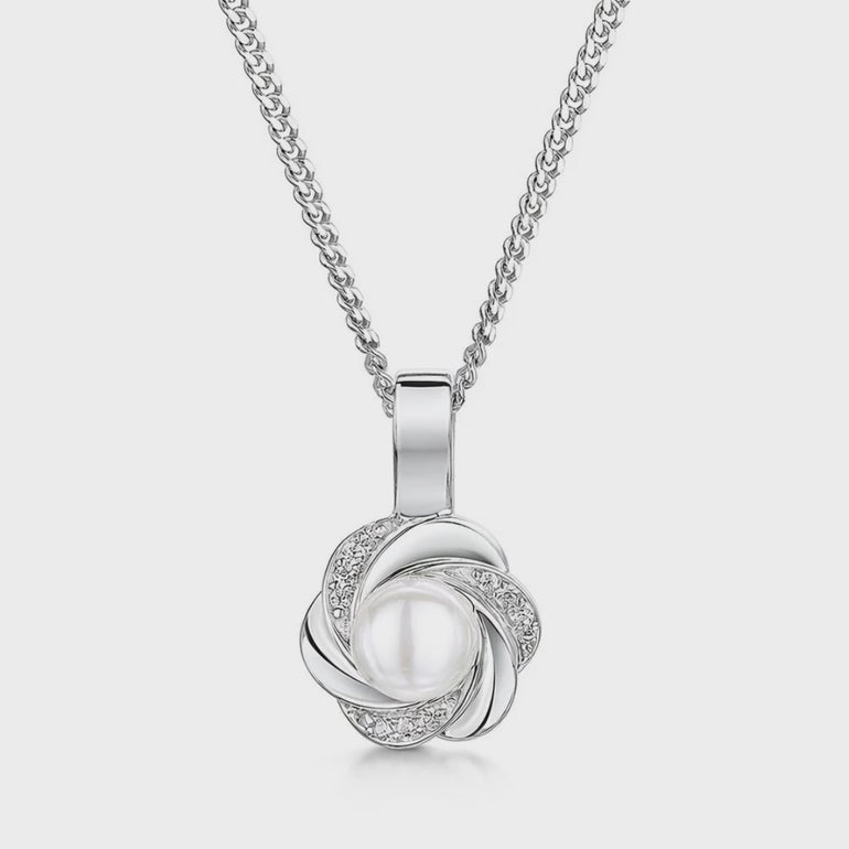 925 sterling silver floral swirl pendant necklace featuring a central white freshwater pearl and brilliant-cut AAA+ cubic zirconia pavé petals.
