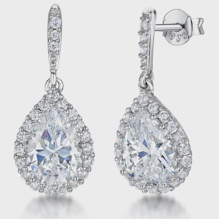 A pair of sterling silver pear drop halo earrings with cubic zirconia centers-JOOLS by Jenny Brown