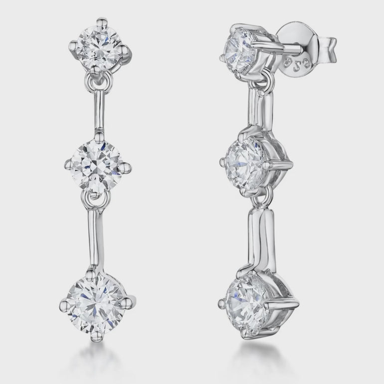 Sterling Silver Cubic Zirconia Three  Stone Earrings