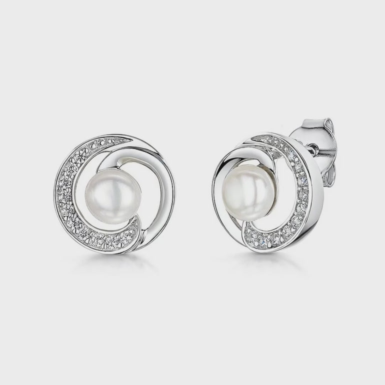STERLING SILVER AND PEARL SPIRAL SWIRL EARRINGS WITH WHITE ZIRCONIA - JOOLS By Jenny Brown