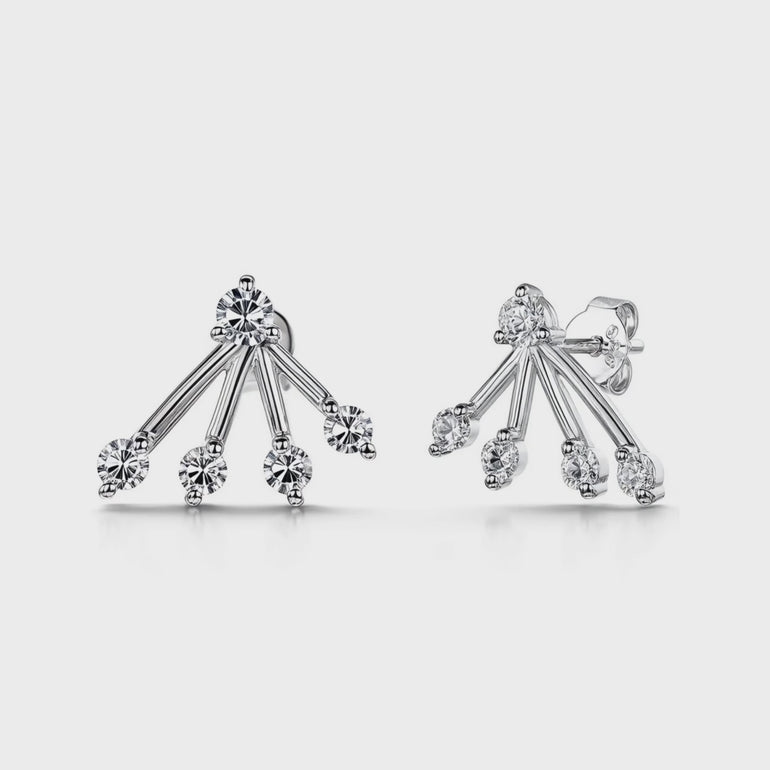 A pair of sterling silver stud earrings with a frond design, featuring multiple cubic zirconia stones-JOOLS by Jenny Brown