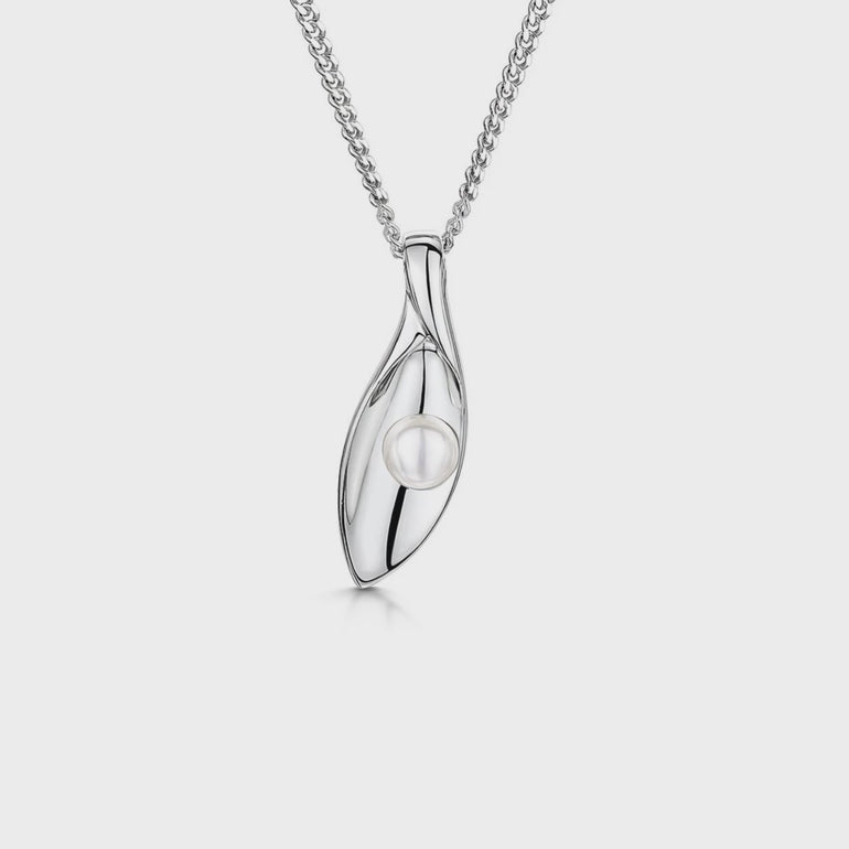 A sterling silver marquise shape pendant with a freshwater pearl on a silver chain- JOOLS by Jenny browns