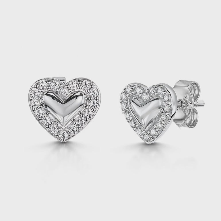 Sterling Silver Heart Studs With Polished Silver Centre And Pave Surround- JOOLS by Jenny Brown