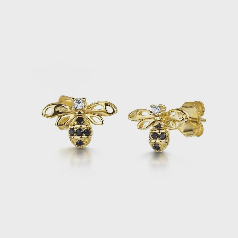 Yellow Gold Plated Silver Bee earrings Set with A Black Cubic Zirconia Set body