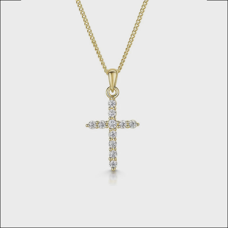 A yellow gold cubic zirconia small cross pendant on an 18ct gold vermeil  chain-JOOLS by Jenny Brown