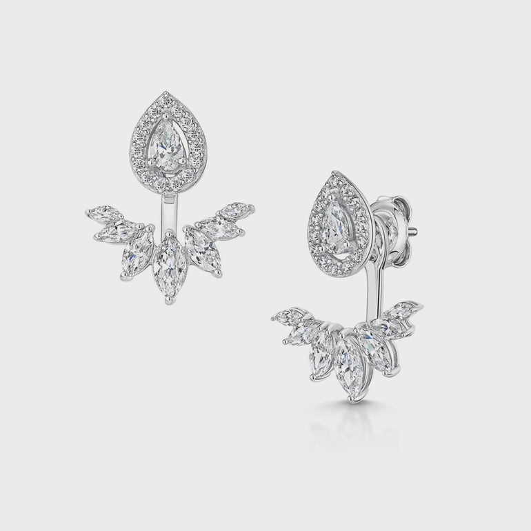Sterling Silver & Cubic Zirconia Jacket Earring With Peardrop Stud & Marquise Fan