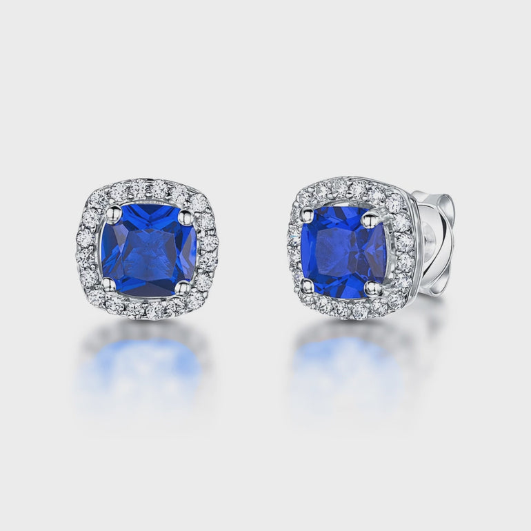 Sterling Silver Cushion Cut Blue Sapphire  Cubic Zirconia Earrings - JOOLS By Jenny Brown     