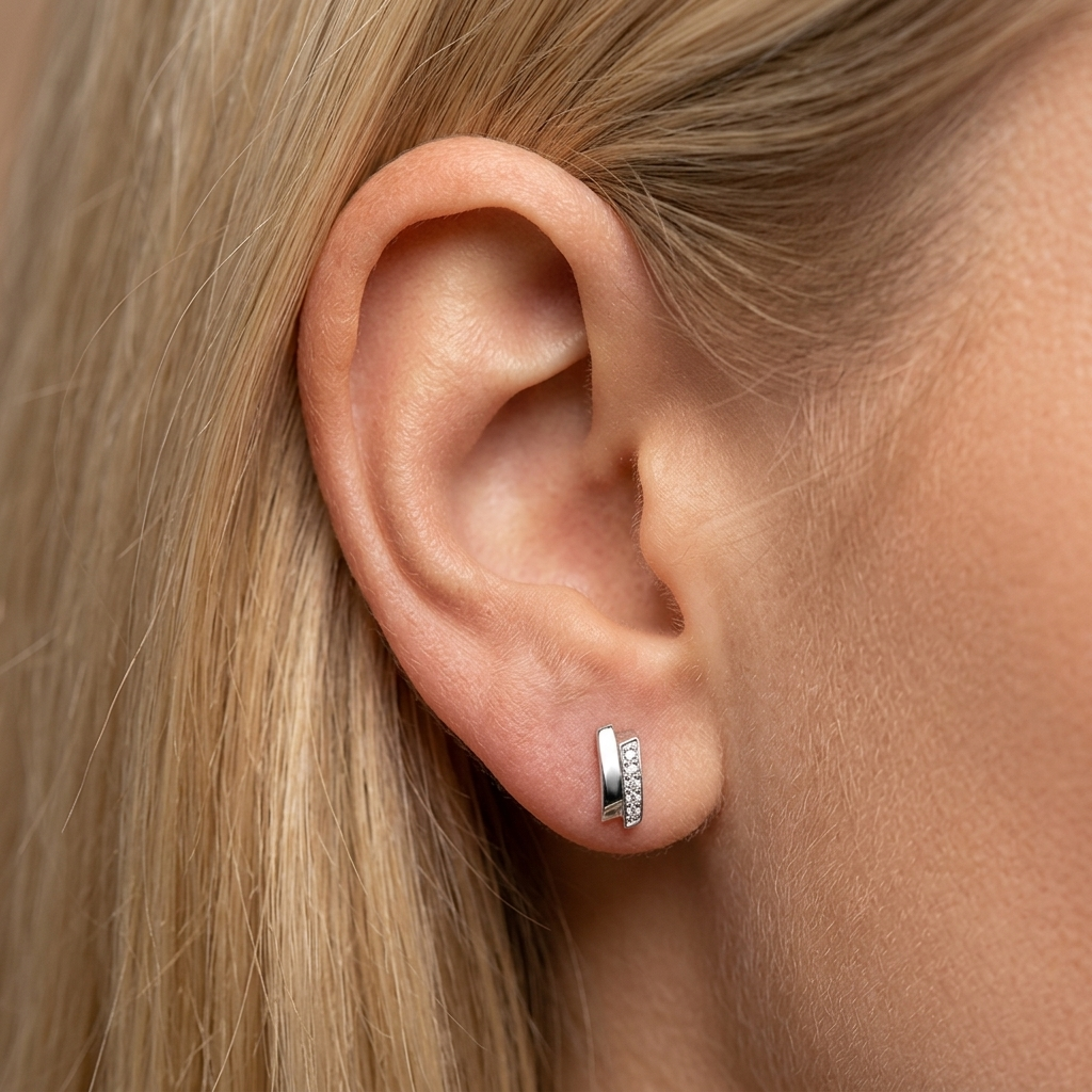Model  close up wearing Sterling Silver Double Rectangular Bar Earrings