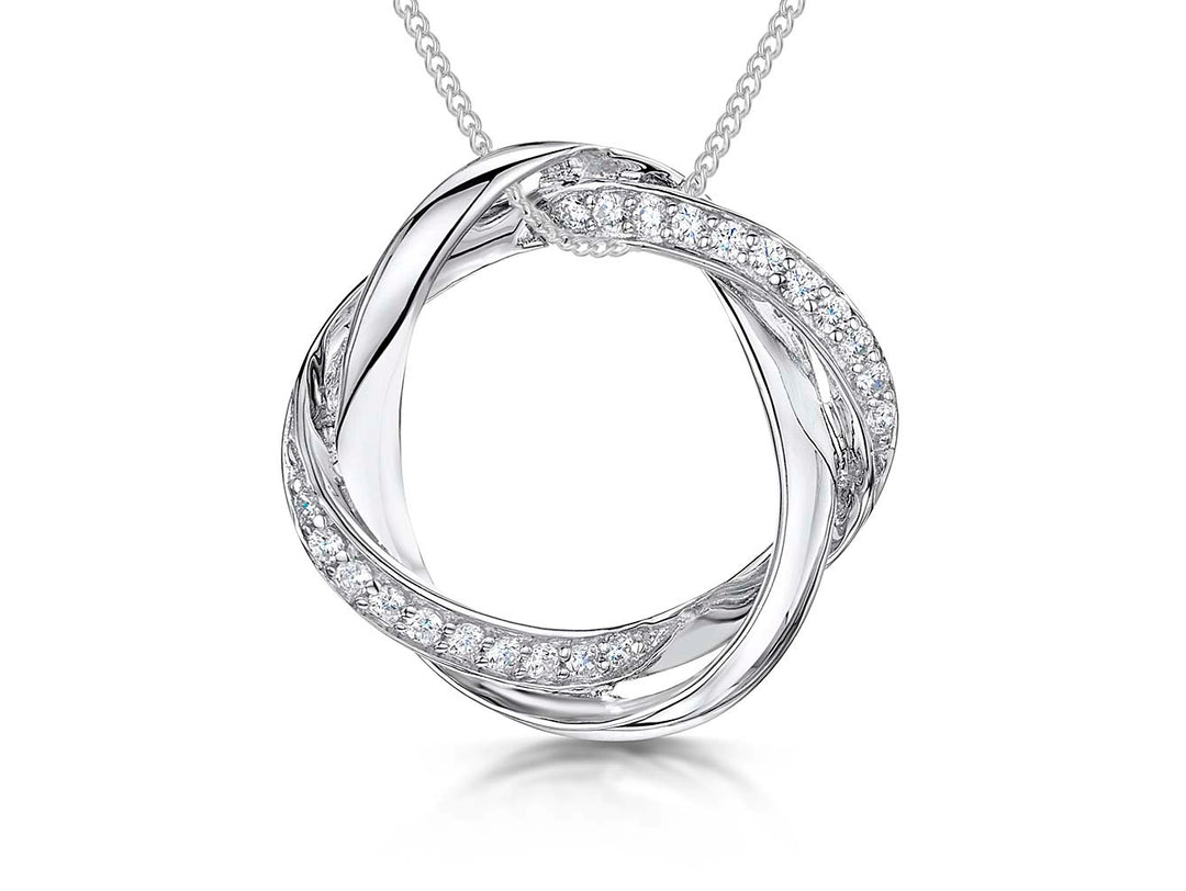 A sterling silver twisted woven circle pendant with cubic zirconias set on a chain.- JOOLS by Jenny Brown