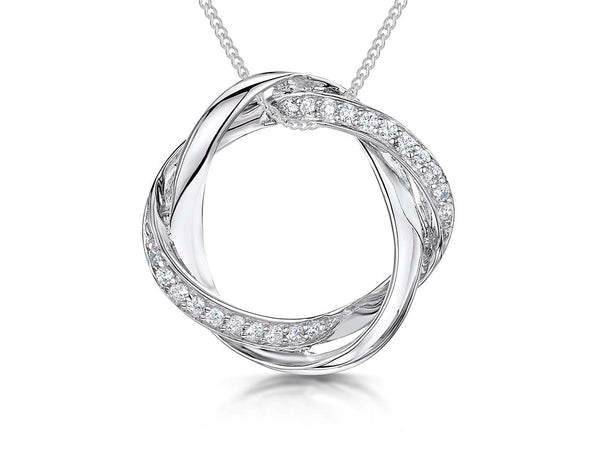 A sterling silver twisted woven circle pendant with cubic zirconias set on a chain.- JOOLS by Jenny Brown