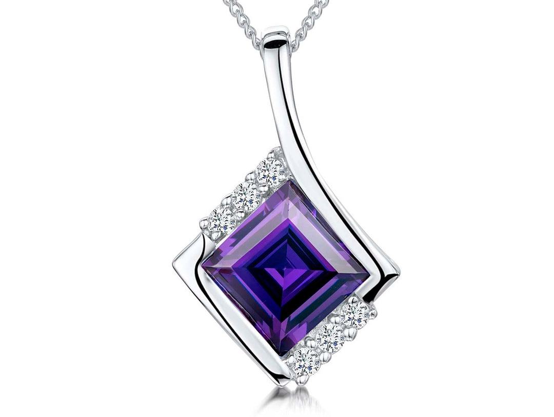 Sterling silver square pendant with a purple cubic zirconia centerpiece and white zirconia accents, accompanied by a silver chain-JOOLS by Jenny Brown