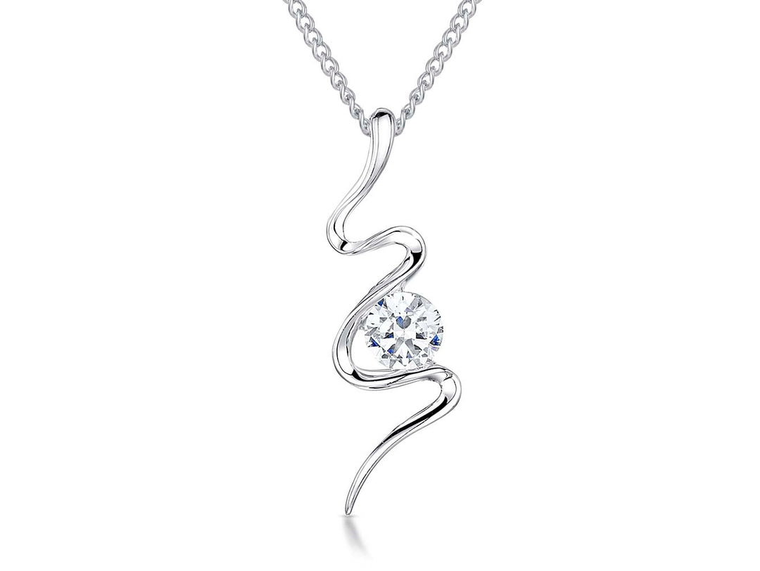 Sterling silver S-shaped pendant necklace with a round cubic zirconia stone in the center-JOOLS by Jenny Brown