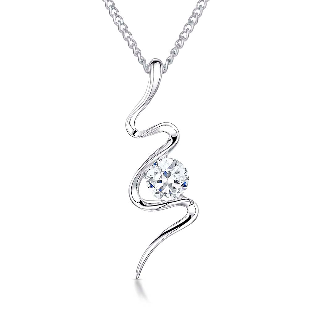 Sterling silver S-shaped pendant necklace with a round cubic zirconia stone in the center-JOOLS by Jenny Brown