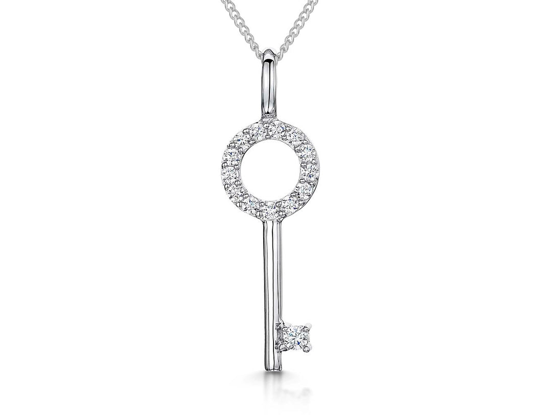 Sterling silver key-shaped pendant with pave set cubic zirconias, attached to a chain.-JOOLS by Jenny Brown