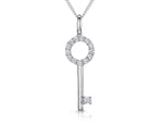 Load image into Gallery viewer, Sterling silver key-shaped pendant with pave set cubic zirconias, attached to a chain.-JOOLS by Jenny Brown

