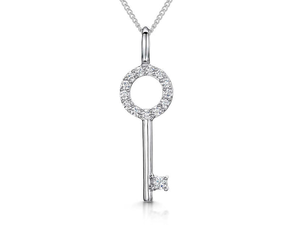 Sterling silver key-shaped pendant with pave set cubic zirconias, attached to a chain.-JOOLS by Jenny Brown