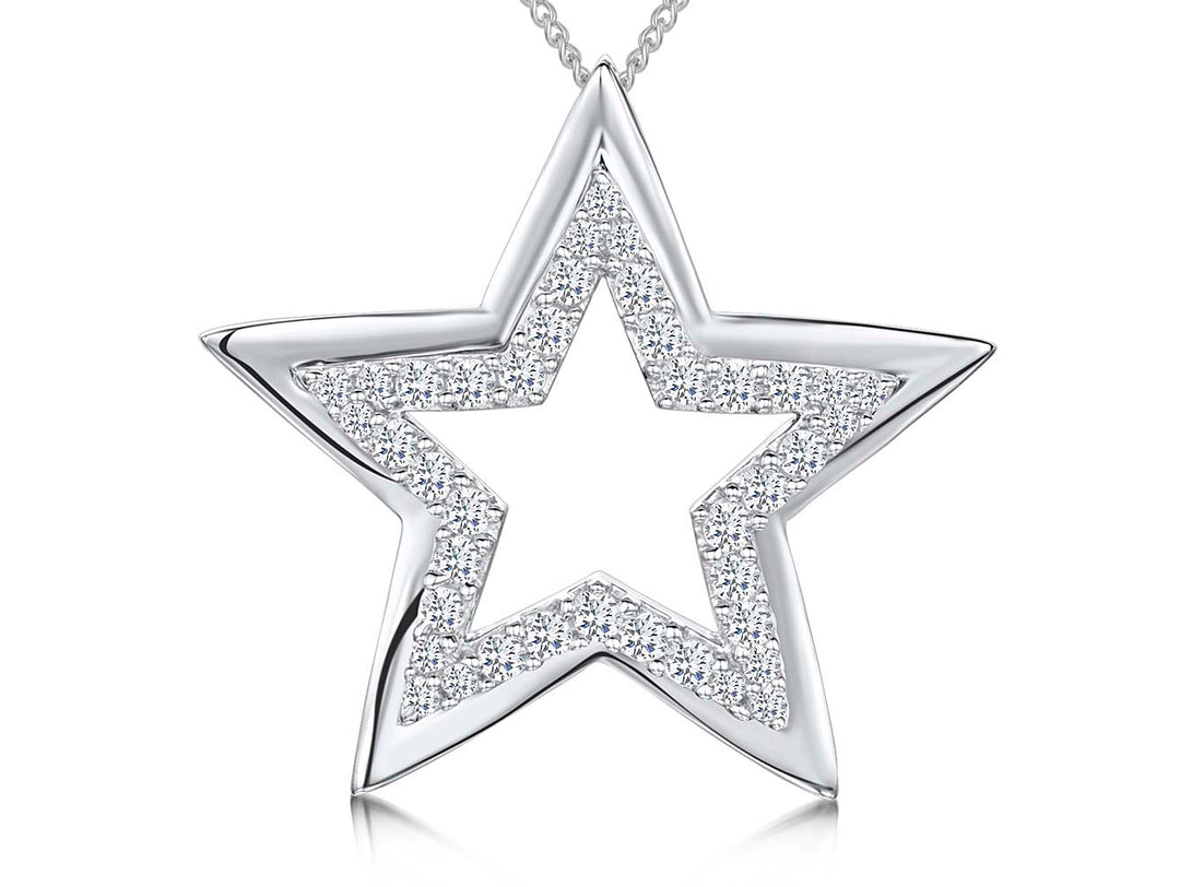 A sterling silver open star pendant set with cubic zirconias, attached to a chain.-JOOLS by Jenny Brown