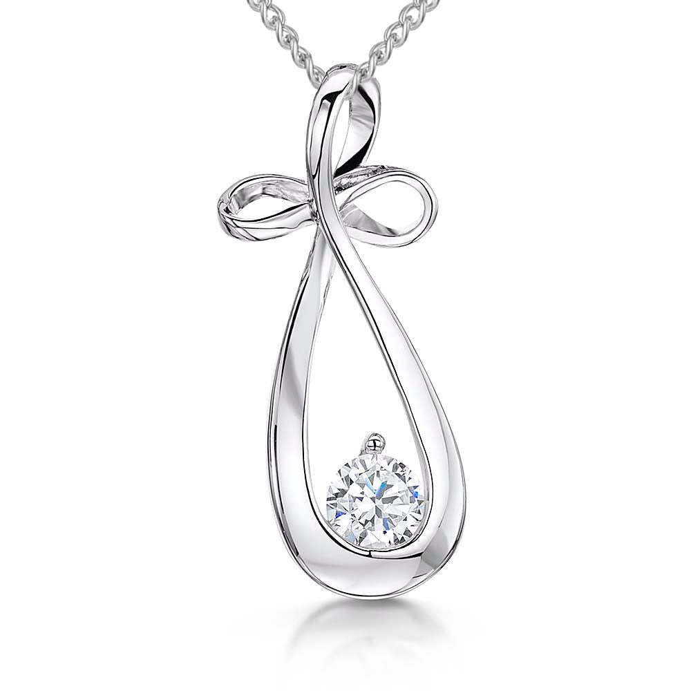 Sterling Silver Bow Pendant With A Single Cubic Zirconia Stone