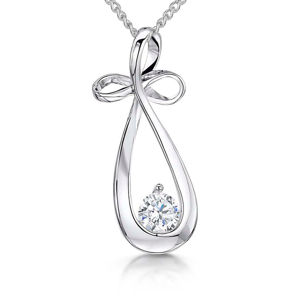 Sterling Silver Bow Pendant With A Single Cubic Zirconia Stone