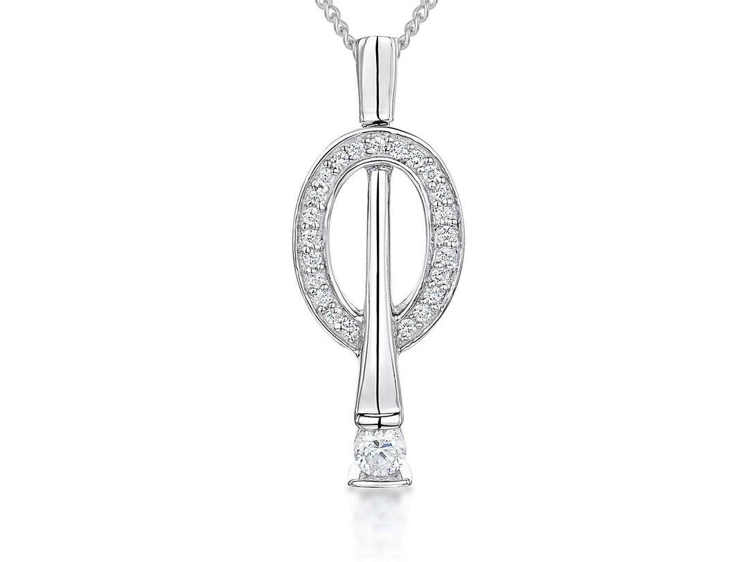 Sterling silver oval pendant with pave cubic zirconias and a 3mm solitaire set pin through the center, on an adjustable chain-JOOLS by Jenny Brown