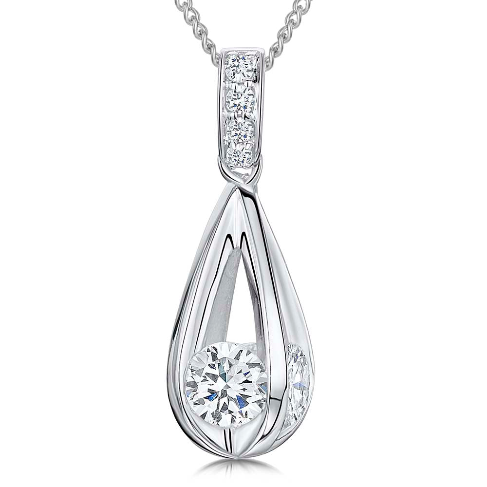 Sterling Silver Teardrop Cage Pendant With Inset Cubic Zirconias And Pave Bale