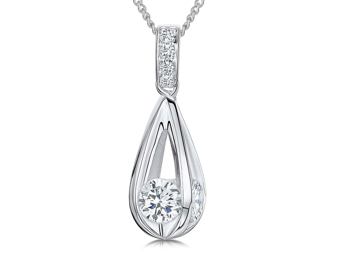 Sterling Silver Teardrop Cage Pendant With Inset Cubic Zirconias And Pave Bale