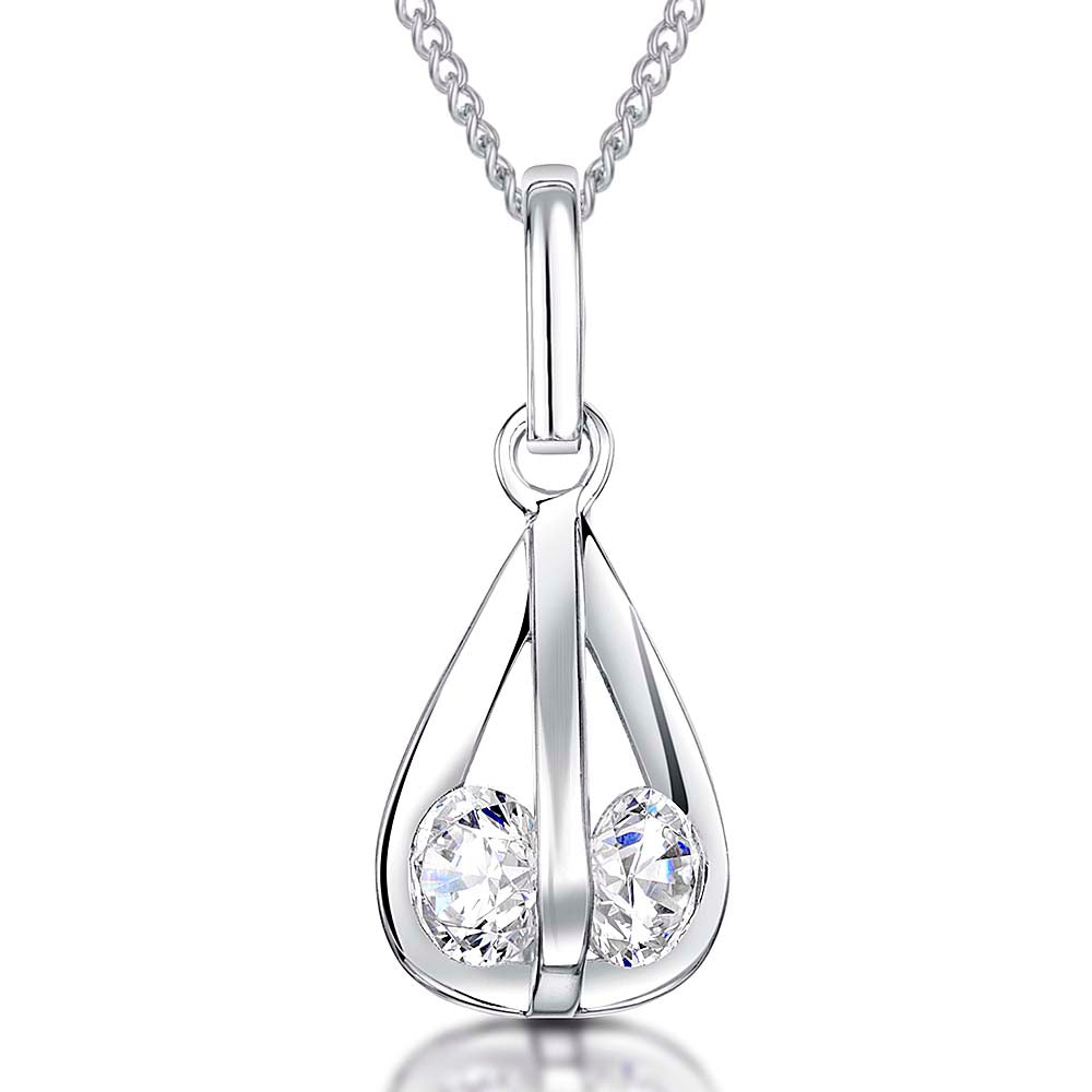 Sterling Silver Teardrop Cage Pendant With Inset Cubic Zirconias